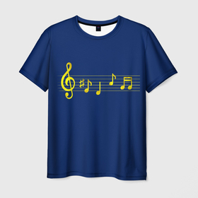Мужская футболка 3D с принтом Скрипичный ключ и ноты в Тюмени, 100% полиэфир | прямой крой, круглый вырез горловины, длина до линии бедер | аккорд | блюз | джаз | звук | золотой | мелодия | музыка | ноты | песня | ритм | скрипичный ключ