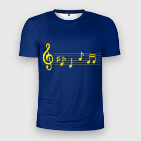 Мужская футболка 3D Slim с принтом Скрипичный ключ и ноты в Екатеринбурге, 100% полиэстер с улучшенными характеристиками | приталенный силуэт, круглая горловина, широкие плечи, сужается к линии бедра | аккорд | блюз | джаз | звук | золотой | мелодия | музыка | ноты | песня | ритм | скрипичный ключ