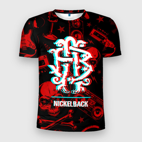 Мужская футболка 3D Slim с принтом Nickelback Rock Glitch в Курске, 100% полиэстер с улучшенными характеристиками | приталенный силуэт, круглая горловина, широкие плечи, сужается к линии бедра | band | glitch | metal | nickelback | rock | глитч | группа | камуфляж | метал | милитари | никельбэк | рок | хард