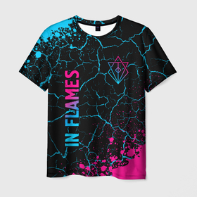 Мужская футболка 3D с принтом In Flames Neon Gradient в Петрозаводске, 100% полиэфир | прямой крой, круглый вырез горловины, длина до линии бедер | band | flames | in | in flames | metal | paint | rock | брызги | градиент | группа | ин флеймс | краска | метал | неон | рок | хард