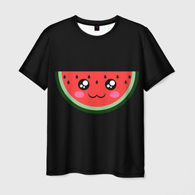 Мужская футболка 3D с принтом Арбузик на черном фоне в Новосибирске, 100% полиэфир | прямой крой, круглый вырез горловины, длина до линии бедер | арбуз | арбузик | арбузик на черном фоне | арбузы | красный | лето | милый | сладкий | сочный | черный | черный фон