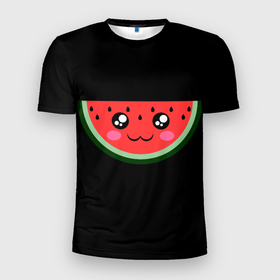 Мужская футболка 3D Slim с принтом Арбузик на черном фоне в Новосибирске, 100% полиэстер с улучшенными характеристиками | приталенный силуэт, круглая горловина, широкие плечи, сужается к линии бедра | арбуз | арбузик | арбузик на черном фоне | арбузы | красный | лето | милый | сладкий | сочный | черный | черный фон