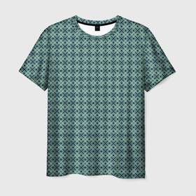 Мужская футболка 3D с принтом Мелкий бирюзовый клетчатый узор в Тюмени, 100% полиэфир | прямой крой, круглый вырез горловины, длина до линии бедер | Тематика изображения на принте: abstract | checkered | diagonal | geometric | rhombuses | small | turquoise | turquoise and black | абстрактный | бирюзовый | бирюзовый и черный | в клетку | геометрический | диагональ | классический | клетчатый | мелкий | ромбы