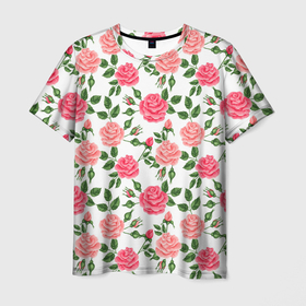 Мужская футболка 3D с принтом SOFT PINK ROSES в Петрозаводске, 100% полиэфир | прямой крой, круглый вырез горловины, длина до линии бедер | Тематика изображения на принте: beautiful | floral | love | pattern | pink | roses | watercolor | акварель | красивый | любовь | розовый | розы | узор | цветочный