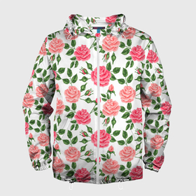 Мужская ветровка 3D с принтом SOFT PINK ROSES в Петрозаводске, 100% полиэстер | подол и капюшон оформлены резинкой с фиксаторами, два кармана без застежек по бокам, один потайной карман на груди | Тематика изображения на принте: beautiful | floral | love | pattern | pink | roses | watercolor | акварель | красивый | любовь | розовый | розы | узор | цветочный