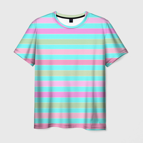Мужская футболка 3D с принтом Pink turquoise stripes horizontal Полосатый узор в Белгороде, 100% полиэфир | прямой крой, круглый вырез горловины, длина до линии бедер | pink | stripes | turquoise | бирюзовый | горизонтальные полосы | зеленые полосы | полосатый узор | разноцветные полосы | розовый