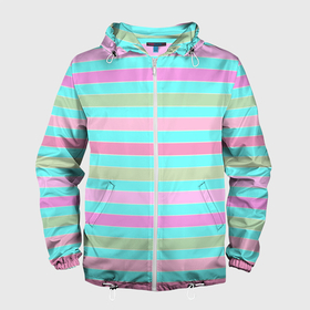 Мужская ветровка 3D с принтом Pink turquoise stripes horizontal Полосатый узор в Тюмени, 100% полиэстер | подол и капюшон оформлены резинкой с фиксаторами, два кармана без застежек по бокам, один потайной карман на груди | Тематика изображения на принте: pink | stripes | turquoise | бирюзовый | горизонтальные полосы | зеленые полосы | полосатый узор | разноцветные полосы | розовый