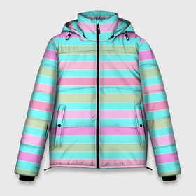 Мужская зимняя куртка 3D с принтом Pink turquoise stripes horizontal Полосатый узор в Тюмени, верх — 100% полиэстер; подкладка — 100% полиэстер; утеплитель — 100% полиэстер | длина ниже бедра, свободный силуэт Оверсайз. Есть воротник-стойка, отстегивающийся капюшон и ветрозащитная планка. 

Боковые карманы с листочкой на кнопках и внутренний карман на молнии. | Тематика изображения на принте: pink | stripes | turquoise | бирюзовый | горизонтальные полосы | зеленые полосы | полосатый узор | разноцветные полосы | розовый