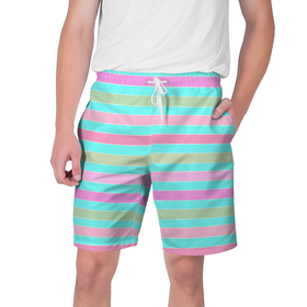 Мужские шорты 3D с принтом Pink turquoise stripes horizontal Полосатый узор в Тюмени,  полиэстер 100% | прямой крой, два кармана без застежек по бокам. Мягкая трикотажная резинка на поясе, внутри которой широкие завязки. Длина чуть выше колен | Тематика изображения на принте: pink | stripes | turquoise | бирюзовый | горизонтальные полосы | зеленые полосы | полосатый узор | разноцветные полосы | розовый
