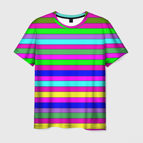 Мужская футболка 3D с принтом Multicolored neon bright stripes в Белгороде, 100% полиэфир | прямой крой, круглый вырез горловины, длина до линии бедер | bright stripes | multicolored | neon | stripes | неоновые полосы | полосатый узор | яркие полосы