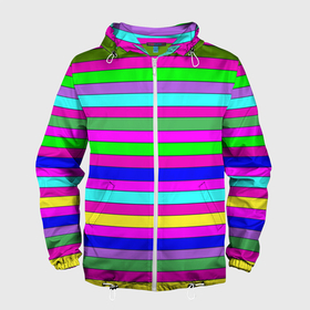 Мужская ветровка 3D с принтом Multicolored neon bright stripes в Тюмени, 100% полиэстер | подол и капюшон оформлены резинкой с фиксаторами, два кармана без застежек по бокам, один потайной карман на груди | Тематика изображения на принте: bright stripes | multicolored | neon | stripes | неоновые полосы | полосатый узор | яркие полосы