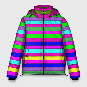 Мужская зимняя куртка 3D с принтом Multicolored neon bright stripes в Тюмени, верх — 100% полиэстер; подкладка — 100% полиэстер; утеплитель — 100% полиэстер | длина ниже бедра, свободный силуэт Оверсайз. Есть воротник-стойка, отстегивающийся капюшон и ветрозащитная планка. 

Боковые карманы с листочкой на кнопках и внутренний карман на молнии. | Тематика изображения на принте: bright stripes | multicolored | neon | stripes | неоновые полосы | полосатый узор | яркие полосы