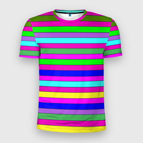 Мужская футболка 3D Slim с принтом Multicolored neon bright stripes в Екатеринбурге, 100% полиэстер с улучшенными характеристиками | приталенный силуэт, круглая горловина, широкие плечи, сужается к линии бедра | bright stripes | multicolored | neon | stripes | неоновые полосы | полосатый узор | яркие полосы