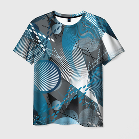 Мужская футболка 3D с принтом Серо синяя абстракция в Санкт-Петербурге, 100% полиэфир | прямой крой, круглый вырез горловины, длина до линии бедер | abstract | blue | circle | geometric | gray | gray turquoise | large print | retro | shapes | turquoise | urban | white | абстрактный | белый | бирюзовый | геометрический | городской | круги | крупный принт | линии | полосы | ретро | серо бирюзовый