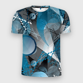 Мужская футболка 3D Slim с принтом Серо синяя абстракция в Екатеринбурге, 100% полиэстер с улучшенными характеристиками | приталенный силуэт, круглая горловина, широкие плечи, сужается к линии бедра | Тематика изображения на принте: abstract | blue | circle | geometric | gray | gray turquoise | large print | retro | shapes | turquoise | urban | white | абстрактный | белый | бирюзовый | геометрический | городской | круги | крупный принт | линии | полосы | ретро | серо бирюзовый