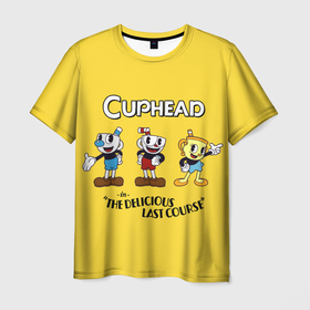 Мужская футболка 3D с принтом Cuphead the delicious last course в Петрозаводске, 100% полиэфир | прямой крой, круглый вырез горловины, длина до линии бедер | cuphead | игра | мисс чаша | мугман | надпись | название | пероснажи | чашки