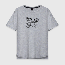 Мужская футболка хлопок Oversize с принтом Cuphead and Bendy в Санкт-Петербурге, 100% хлопок | свободный крой, круглый ворот, “спинка” длиннее передней части | bendy | cuphead | игры | контур | персонажи | чашка