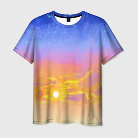 Мужская футболка 3D с принтом Закатное небо и звезды , 100% полиэфир | прямой крой, круглый вырез горловины, длина до линии бедер | sky | stars | sundown | sunset | градиент | желтый | закат | звезды | небесный | небо | облака | оранжевый | пейзаж | синий | солнце | фиолетовый