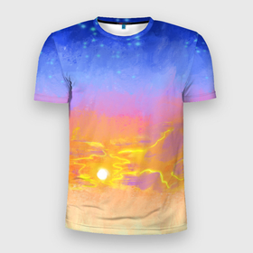 Мужская футболка 3D Slim с принтом Закатное небо и звезды , 100% полиэстер с улучшенными характеристиками | приталенный силуэт, круглая горловина, широкие плечи, сужается к линии бедра | Тематика изображения на принте: sky | stars | sundown | sunset | градиент | желтый | закат | звезды | небесный | небо | облака | оранжевый | пейзаж | синий | солнце | фиолетовый