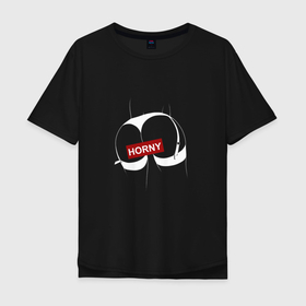 Мужская футболка хлопок Oversize с принтом Horny Black and White в Курске, 100% хлопок | свободный крой, круглый ворот, “спинка” длиннее передней части | 