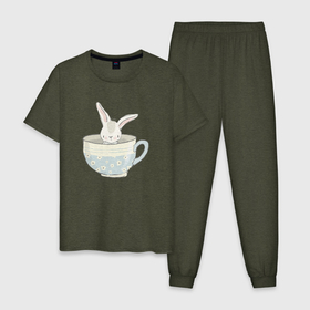 Мужская пижама хлопок с принтом Кролик в чашке в Курске, 100% хлопок | брюки и футболка прямого кроя, без карманов, на брюках мягкая резинка на поясе и по низу штанин
 | животные | зайчик | кролик | кролик в чашке | милый кролик