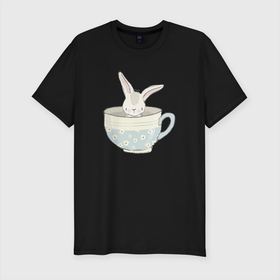 Мужская футболка хлопок Slim с принтом Кролик в чашке в Новосибирске, 92% хлопок, 8% лайкра | приталенный силуэт, круглый вырез ворота, длина до линии бедра, короткий рукав | животные | зайчик | кролик | кролик в чашке | милый кролик