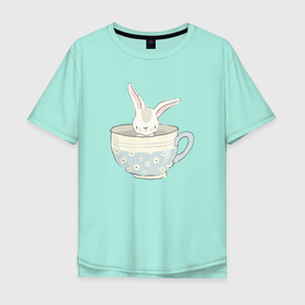 Мужская футболка хлопок Oversize с принтом Кролик в чашке в Курске, 100% хлопок | свободный крой, круглый ворот, “спинка” длиннее передней части | животные | зайчик | кролик | кролик в чашке | милый кролик
