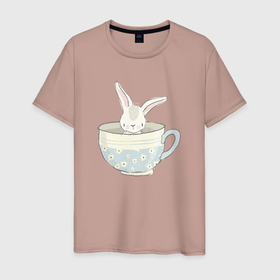Мужская футболка хлопок с принтом Кролик в чашке в Курске, 100% хлопок | прямой крой, круглый вырез горловины, длина до линии бедер, слегка спущенное плечо. | животные | зайчик | кролик | кролик в чашке | милый кролик