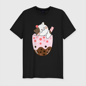 Мужская футболка хлопок Slim с принтом Довольный котик в  стакане с мороженым в Курске, 92% хлопок, 8% лайкра | приталенный силуэт, круглый вырез ворота, длина до линии бедра, короткий рукав | кот | котенок | котик | кошечка | лето | мороженое