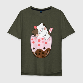 Мужская футболка хлопок Oversize с принтом Довольный котик в  стакане с мороженым в Санкт-Петербурге, 100% хлопок | свободный крой, круглый ворот, “спинка” длиннее передней части | Тематика изображения на принте: кот | котенок | котик | кошечка | лето | мороженое