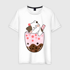 Мужская футболка хлопок с принтом Довольный котик в  стакане с мороженым в Белгороде, 100% хлопок | прямой крой, круглый вырез горловины, длина до линии бедер, слегка спущенное плечо. | кот | котенок | котик | кошечка | лето | мороженое