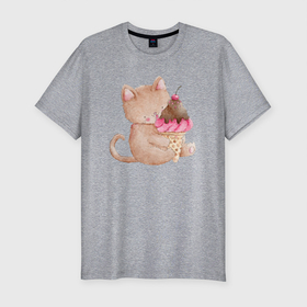 Мужская футболка хлопок Slim с принтом Маленькая кошечка с мороженым в Новосибирске, 92% хлопок, 8% лайкра | приталенный силуэт, круглый вырез ворота, длина до линии бедра, короткий рукав | кот | котенок | котик | кошечка | лето | мороженое