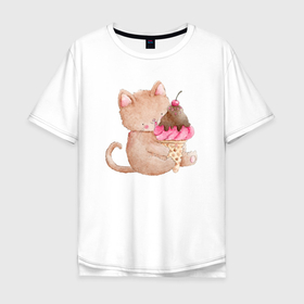Мужская футболка хлопок Oversize с принтом Маленькая кошечка с мороженым в Новосибирске, 100% хлопок | свободный крой, круглый ворот, “спинка” длиннее передней части | кот | котенок | котик | кошечка | лето | мороженое