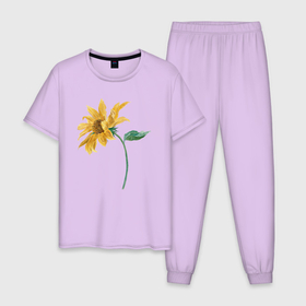 Мужская пижама хлопок с принтом Branch With a Sunflower (Подсолнух) , 100% хлопок | брюки и футболка прямого кроя, без карманов, на брюках мягкая резинка на поясе и по низу штанин
 | ботаника | винтаж | картина | классика | книга | минимализм | подсолнух | природа | флора | цветы