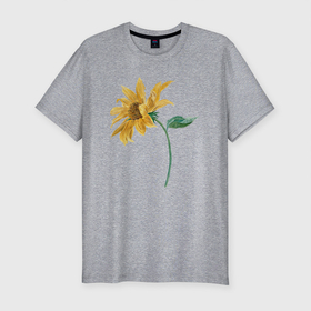 Мужская футболка хлопок Slim с принтом Branch With a Sunflower (Подсолнух) в Курске, 92% хлопок, 8% лайкра | приталенный силуэт, круглый вырез ворота, длина до линии бедра, короткий рукав | ботаника | винтаж | картина | классика | книга | минимализм | подсолнух | природа | флора | цветы