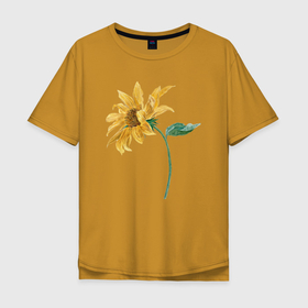 Мужская футболка хлопок Oversize с принтом Branch With a Sunflower (Подсолнух) , 100% хлопок | свободный крой, круглый ворот, “спинка” длиннее передней части | Тематика изображения на принте: ботаника | винтаж | картина | классика | книга | минимализм | подсолнух | природа | флора | цветы