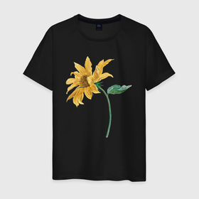Мужская футболка хлопок с принтом Branch With a Sunflower (Подсолнух) в Екатеринбурге, 100% хлопок | прямой крой, круглый вырез горловины, длина до линии бедер, слегка спущенное плечо. | ботаника | винтаж | картина | классика | книга | минимализм | подсолнух | природа | флора | цветы