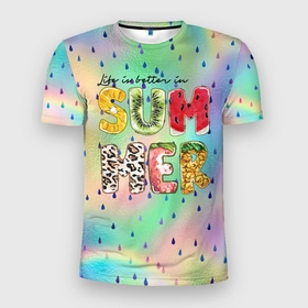 Мужская футболка 3D Slim с принтом Summer буквы  из фруктов в Белгороде, 100% полиэстер с улучшенными характеристиками | приталенный силуэт, круглая горловина, широкие плечи, сужается к линии бедра | summer | жара | летний | лето | свежесть | фрукты