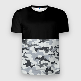 Мужская футболка 3D Slim с принтом Полукамуфляж Тёмно Серый в Курске, 100% полиэстер с улучшенными характеристиками | приталенный силуэт, круглая горловина, широкие плечи, сужается к линии бедра | Тематика изображения на принте: camo | camouflage | dark | gray | half | камуфляж | половина | серый | тёмный