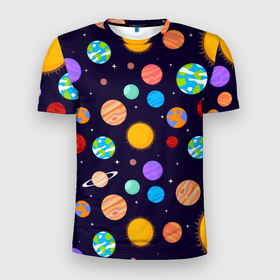 Мужская футболка 3D Slim с принтом Солнечная Система Планет в Кировске, 100% полиэстер с улучшенными характеристиками | приталенный силуэт, круглая горловина, широкие плечи, сужается к линии бедра | galaxy | planet | planets | space | star | sun | system | галактика | звезда | космос | планета | планеты | система | солнце