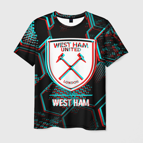 Мужская футболка 3D с принтом West Ham FC в стиле Glitch на темном фоне , 100% полиэфир | прямой крой, круглый вырез горловины, длина до линии бедер | club | fc | football | glitch | logo | west ham | вест хэм | глитч | клуб | краска | лого | мяч | символ | спорт | футбол | футболист | футболисты | футбольный