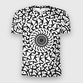 Мужская футболка 3D Slim с принтом Черно белая мандала из завитков в Кировске, 100% полиэстер с улучшенными характеристиками | приталенный силуэт, круглая горловина, широкие плечи, сужается к линии бедра | геометрия | знаки | круг | символы | симметрия | черно белый