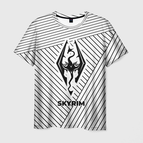 Мужская футболка 3D с принтом Символ Skyrim на светлом фоне с полосами в Новосибирске, 100% полиэфир | прямой крой, круглый вырез горловины, длина до линии бедер | Тематика изображения на принте: logo | skyrim | the elder scrolls | игра | игры | лого | логотип | полосы | символ | скайрим