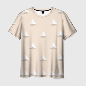 Мужская футболка 3D с принтом Белые пирамидки 3д на бежевом фоне в Екатеринбурге, 100% полиэфир | прямой крой, круглый вырез горловины, длина до линии бедер | Тематика изображения на принте: 3д | бежевый | белый | геометрия | мозаика | пирамида | симметрия | треугольник
