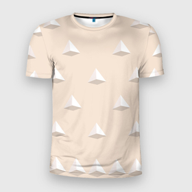 Мужская футболка 3D Slim с принтом Белые пирамидки 3д на бежевом фоне в Курске, 100% полиэстер с улучшенными характеристиками | приталенный силуэт, круглая горловина, широкие плечи, сужается к линии бедра | 3д | бежевый | белый | геометрия | мозаика | пирамида | симметрия | треугольник