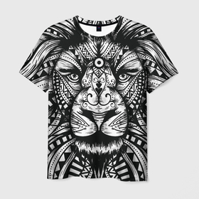 Мужская футболка 3D с принтом Черно белый Африканский Лев | Black and White Lion в Петрозаводске, 100% полиэфир | прямой крой, круглый вырез горловины, длина до линии бедер | africa | afrika | all over | lion | lions | mandala | pattern | африка | африканский узор | большой лев | дикая природа | король зверей | лицо льва | львёнок | львиная | львица | львы | огромный лев | паттерн | рыжий лев