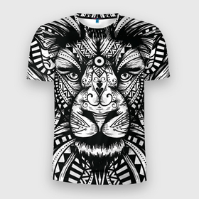 Мужская футболка 3D Slim с принтом Черно белый Африканский Лев | Black and White Lion в Новосибирске, 100% полиэстер с улучшенными характеристиками | приталенный силуэт, круглая горловина, широкие плечи, сужается к линии бедра | africa | afrika | all over | lion | lions | mandala | pattern | африка | африканский узор | большой лев | дикая природа | король зверей | лицо льва | львёнок | львиная | львица | львы | огромный лев | паттерн | рыжий лев