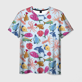 Мужская футболка 3D с принтом Паттерн из морских жителей   Лето в Новосибирске, 100% полиэфир | прямой крой, круглый вырез горловины, длина до линии бедер | calmar | fin | fish | killer whale | octopus | shell | summer | кальмар | касатка | лето | осьминог | плавник | ракушка | рыба