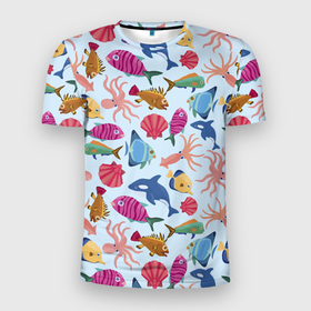 Мужская футболка 3D Slim с принтом Паттерн из морских жителей   Лето в Курске, 100% полиэстер с улучшенными характеристиками | приталенный силуэт, круглая горловина, широкие плечи, сужается к линии бедра | Тематика изображения на принте: calmar | fin | fish | killer whale | octopus | shell | summer | кальмар | касатка | лето | осьминог | плавник | ракушка | рыба