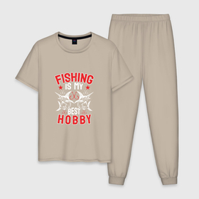 Мужская пижама хлопок с принтом Рыбное хобби в Белгороде, 100% хлопок | брюки и футболка прямого кроя, без карманов, на брюках мягкая резинка на поясе и по низу штанин
 | Тематика изображения на принте: арт | иллюстрация | отдых | рыба | рыбак